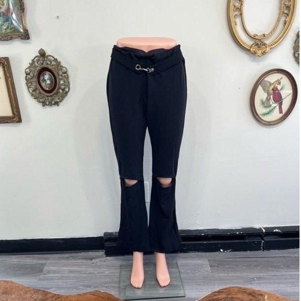 Vintage Y2K Black Cut-Out Knee Flare Pants with Metal Clasp